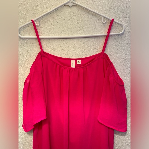 Fuchsia Off the Shoulder Dress with Spaghetti Strap and Sheer Layer - Picture 3 of 8